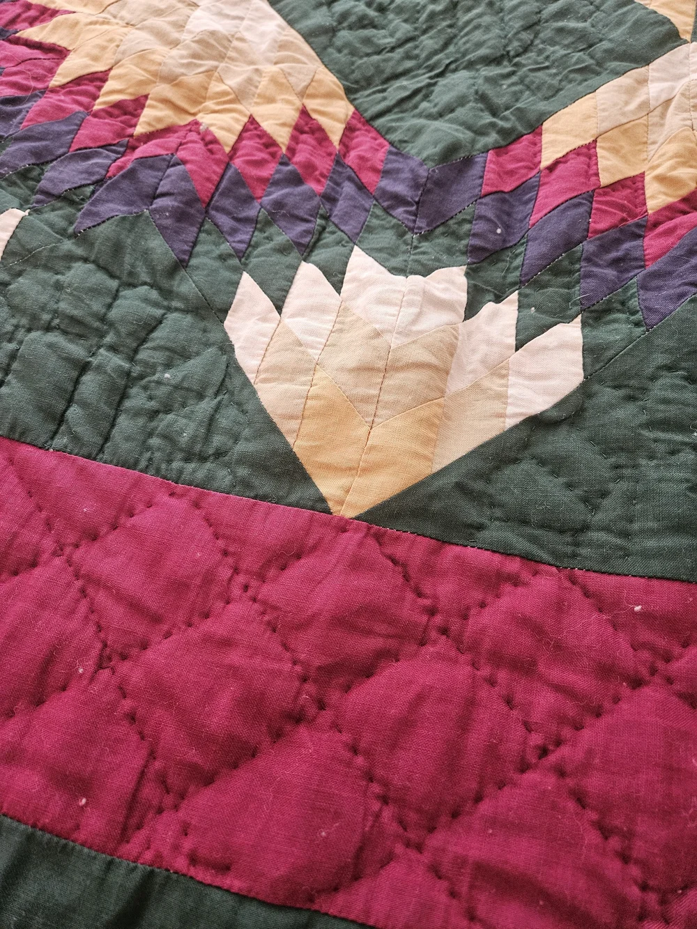 Vintage Green and Red Quilted Bedspread - Cabin Star Pattern